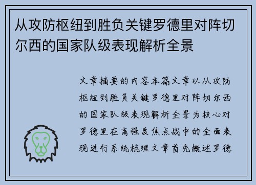 从攻防枢纽到胜负关键罗德里对阵切尔西的国家队级表现解析全景